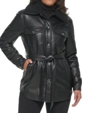 KENNETH COLE Belted Faux Leather Jacket with Removable Sherpa Collar BLACK M